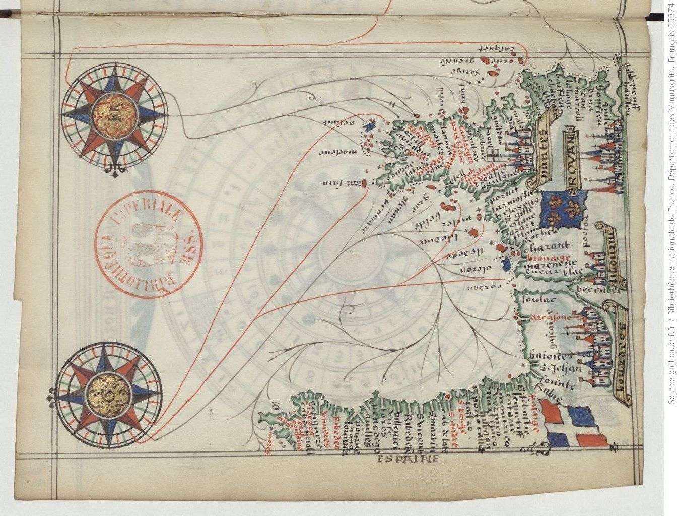 Il s'agit d'une carte du XVIe siècle (portulan) représentant les étapes de navigation (cabotage) tout au long du littoral atlantique