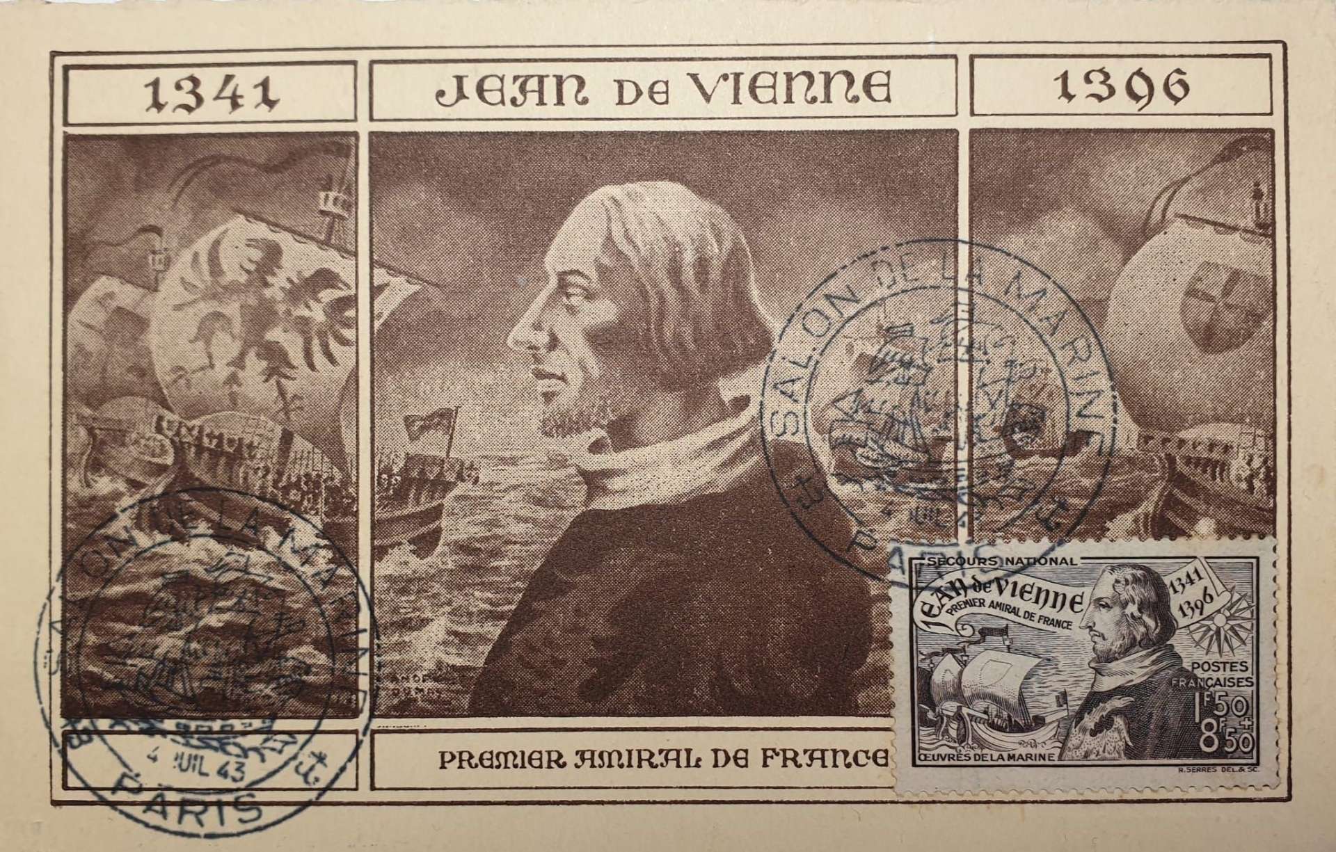 Carte postale et timbre à l'effigie de l'amiral Jean de Vienne (4 juillet 1943)